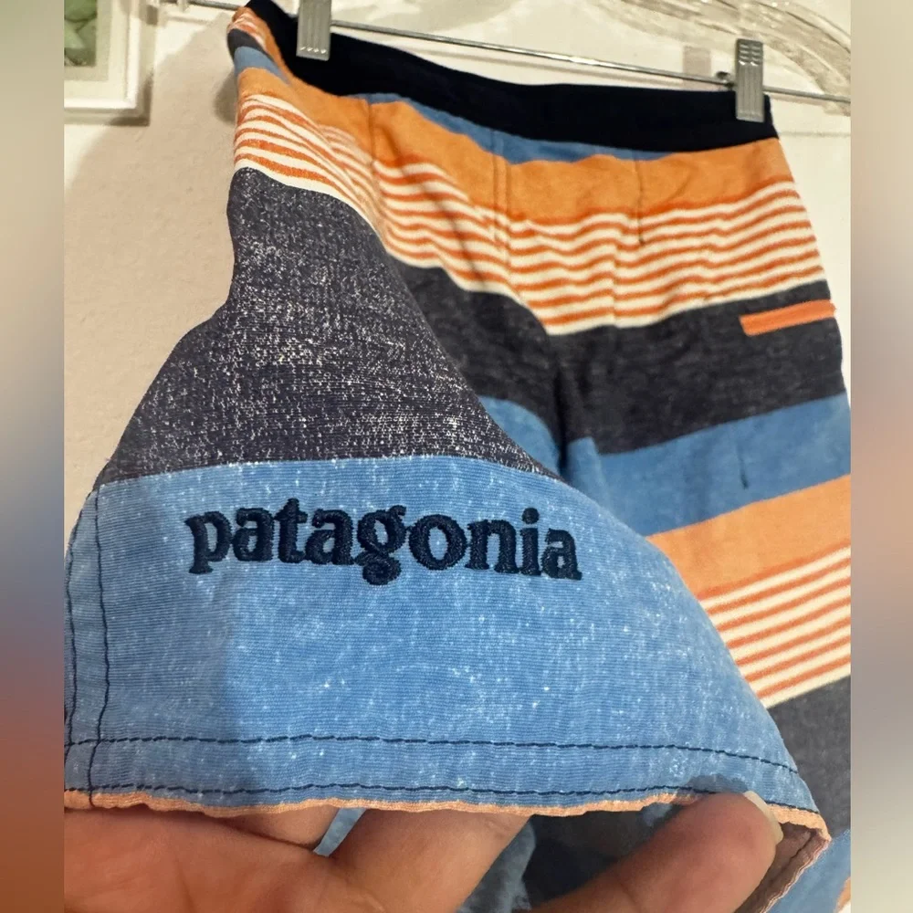 Patagonia Boys Size 8 Swim Trunks Board shorts Orange/ Blue Striped wavefarer